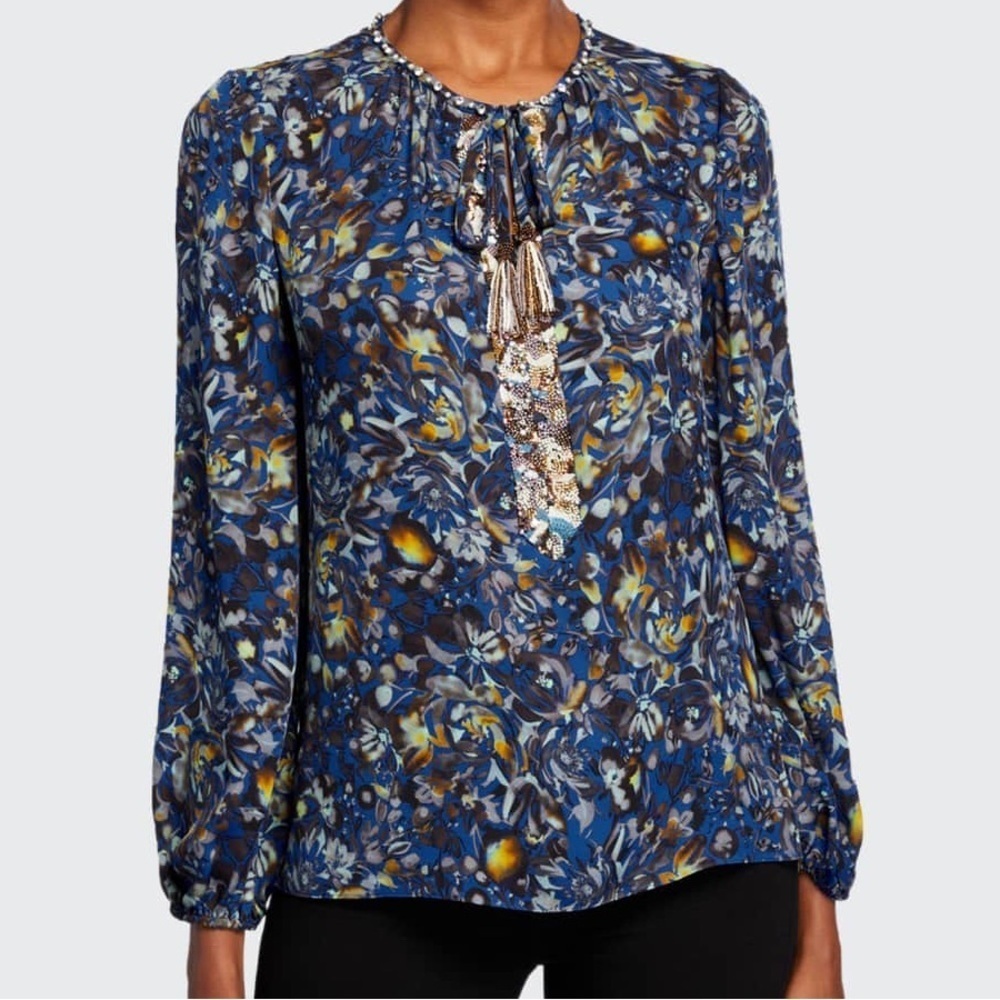 Kobi Halperin Stasia Blue Floral Bead embellished silk semi sheer blouse tassel